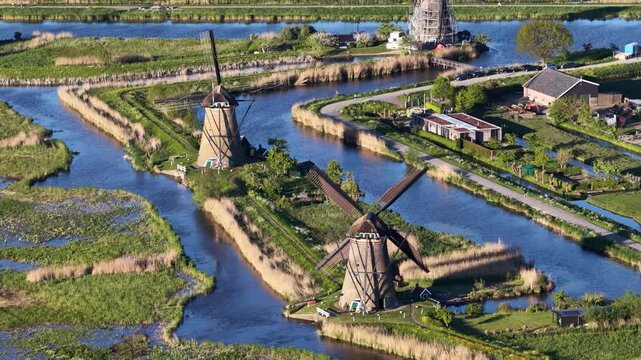 Aerial view of kinderdijk windmills and canals