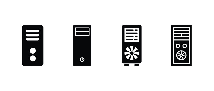 Minimal computer tower icon set, Desktop PC silhouette vector collection for UI, Web and technology design