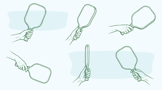 Vector sketches of a hand holding a pickleball paddle from multiple angles. Set of hand-drawn line art illustrations showing various grips and gestures for sports equipment and training.