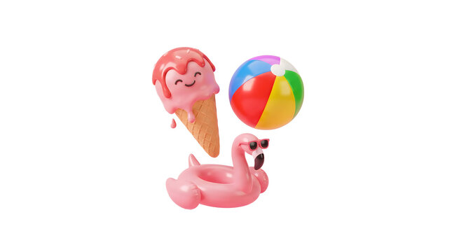 Playful summer 3D icons set, cute pink flamingo pool float and colorful beach ball, sweet strawberry ice cream cone with happy face, vibrant vacation and holiday design elements isolated PNG