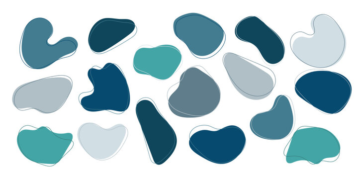 Blue doodle abstract organic shape collection with minimal hand drawn blobs, soft outlines, isolated elements. Set of bubbles with simple and soft shapes .For  packaging and social media design
