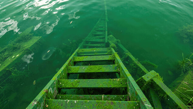 A ladder partially submerged in calm water, great for aquatic or outdoor-themed projects