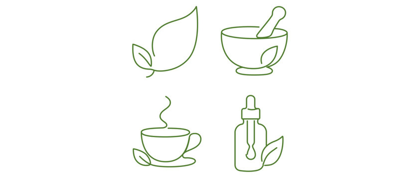 Vector icon set of 4 minimalist green line icons for herbal medicine and alternative therapies, featuring organic leaves, mortar and pestle, cup of hot tea, and essential oil dropper bottle.