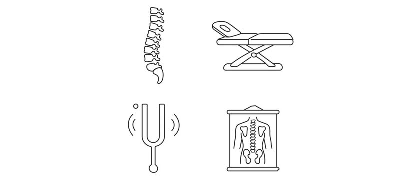 Vector icon set of 4 chiropractic and alternative medicine symbols featuring a human spine, adjustable massage table, vibrating tuning fork, and anatomical back chart for therapy and wellness.