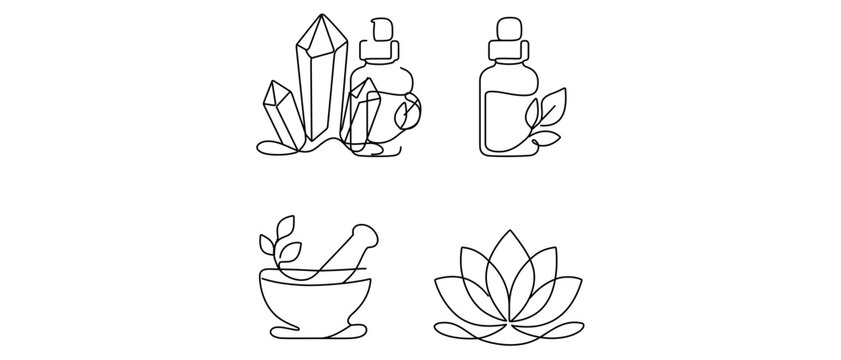 Vector Icon Set Collection of 4 Minimalist Continuous Line Art Icons for Holistic Healing and Alternative Medicine Featuring Crystals, Essential Oil Bottles, Mortar and Pestle, and Lotus Flower.
