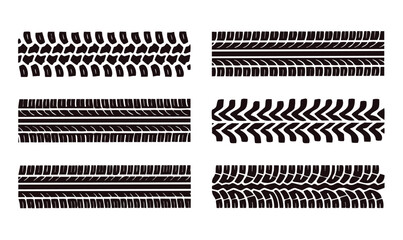 Collection of six detailed black tire track patterns and tyre tread marks isolated on a white background. Vector set of car, truck, and off-road vehicle wheel textures. © Avartde