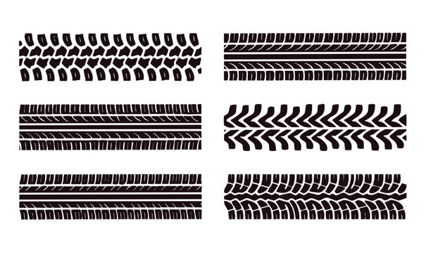 Collection of six detailed black tire track patterns and tyre tread marks isolated on a white background. Vector set of car, truck, and off-road vehicle wheel textures.