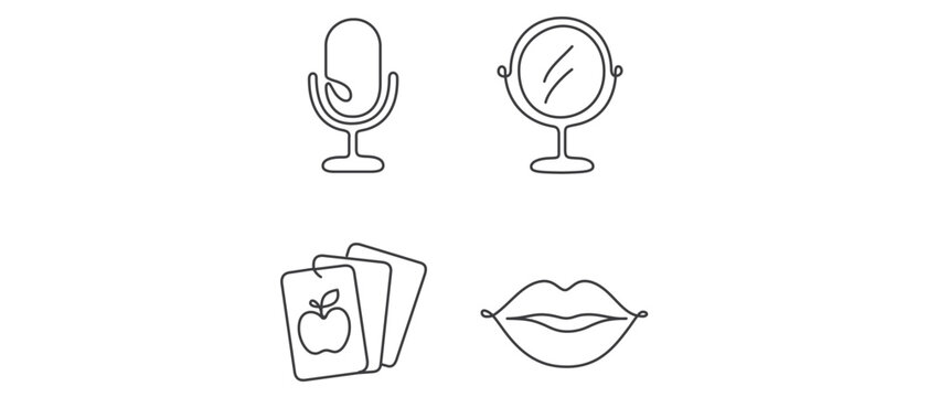 Speech therapy vector icon set collection of 4 minimalist line icons featuring a microphone, vanity mirror, educational flashcards with apple, and human lips for articulation and logopedics.