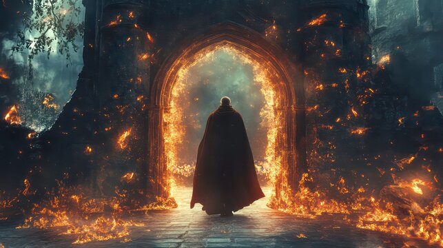 A hooded figure walks towards a fiery archway in ancient ruins.