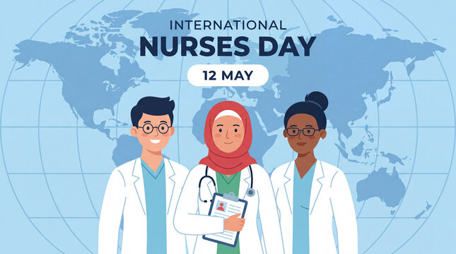 diverse group of medical nurses standing in front of a blue world map background for international nurses day on may 12