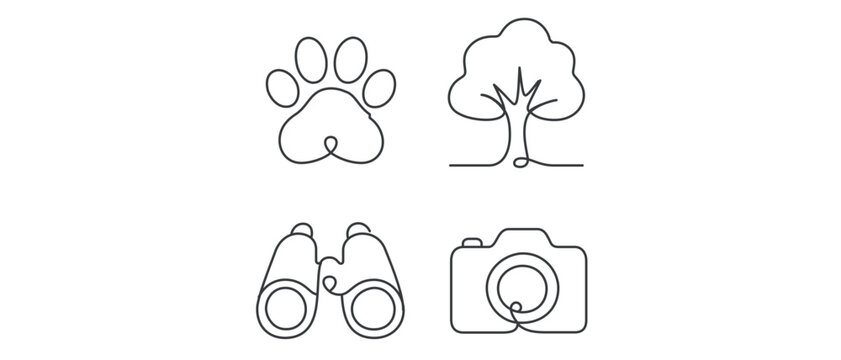 Vector icon set of 4 minimalist one-line drawings featuring a paw print, a tree, binoculars, and a camera, perfect for wildlife conservation, nature exploration, and outdoor photography themes.
