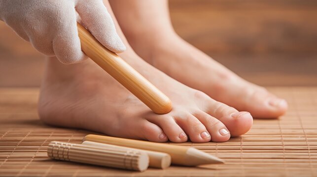 A foot reflexology wooden stick point massage.