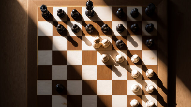 denary. A chessboard in mid-game with a highlighted king piece, top-down view with dramatic shadows. travel magazines, destination branding, designed for outdoor magazines and nature guides.
