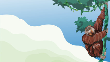 Orangutan Illustration in Tropical Rainforest Indonesian Endangered Wildlife Animal © Aria