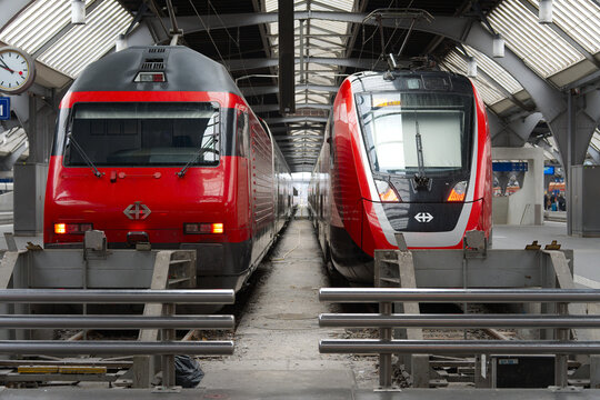 Close-up of SBB CFF FFS train at Swiss Hauptbahnhof railway station at Swiss city of Z&uuml;rich on a spring day. Photo taken March 30th, 2026, Zurich, Switzerland.