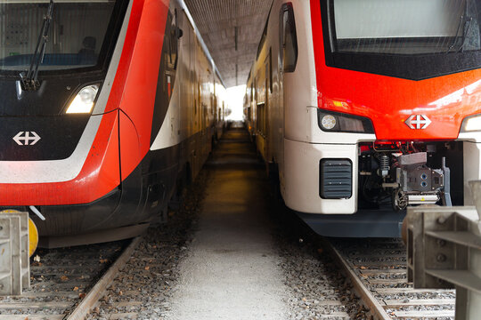 Close-up of SBB CFF FFS train at Swiss Hauptbahnhof railway station at Swiss city of Z&uuml;rich on a spring day. Photo taken March 30th, 2026, Zurich, Switzerland.