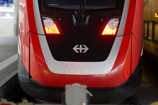 Close-up of SBB CFF FFS train at Swiss Hauptbahnhof railway station at Swiss city of Z&uuml;rich on a spring day. Photo taken March 30th, 2026, Zurich, Switzerland.