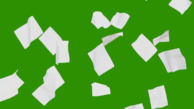 White paper documents falling from above overlay, green background. flying sheets of white paper. Blank paper sheets falling down with luma matte, paper sheets flying and explosion effect. 