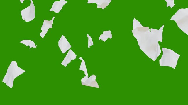 White paper documents falling from above overlay, green background. flying sheets of white paper. Blank paper sheets falling down with luma matte, paper sheets flying and explosion effect. 
