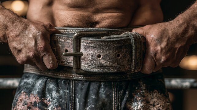 A powerlifter fastening a thick leather weightlifting belt before a heavy lift.
