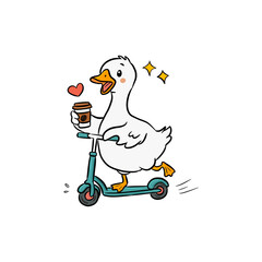 Cute goose riding a kick scooter and holding a coffee cup, hand-drawn illustration © Ngoc