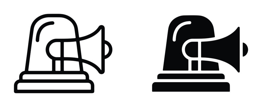 Emergency siren icons set, police flasher and megaphone alarm symbols, black outline and solid vector graphics for security and warning systems