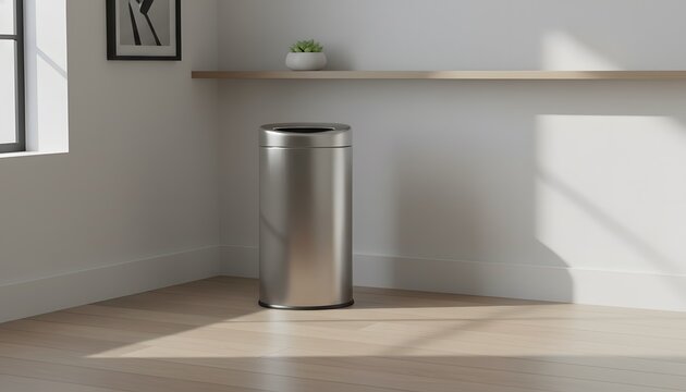 Empty trash bin in corner of a minimalist modern room with sunlight for cleanliness and hygiene concept, stainless steel waste container in bright office interior