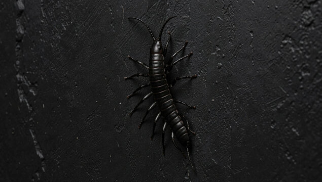 A centipede crawls across a dark and uniform background