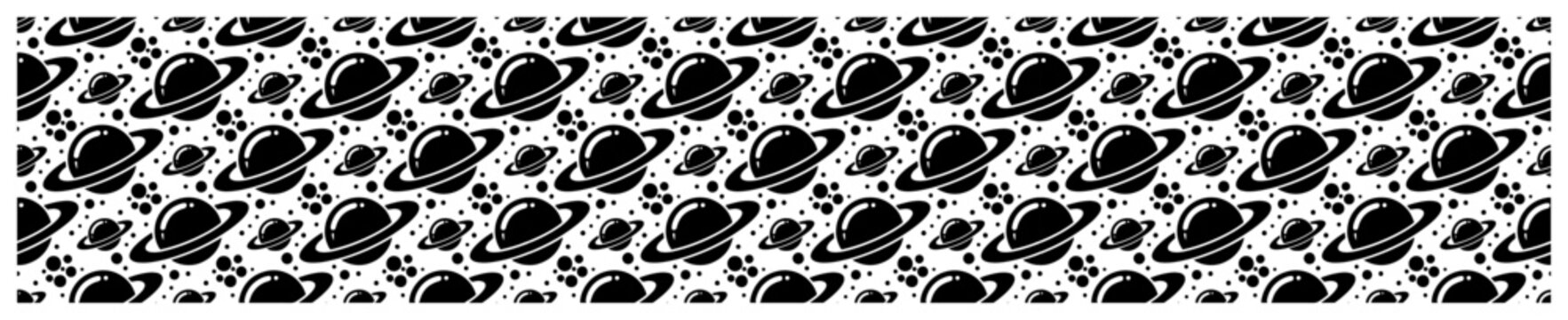 Outer space planets with rings seamless pattern in monochrome celestial style