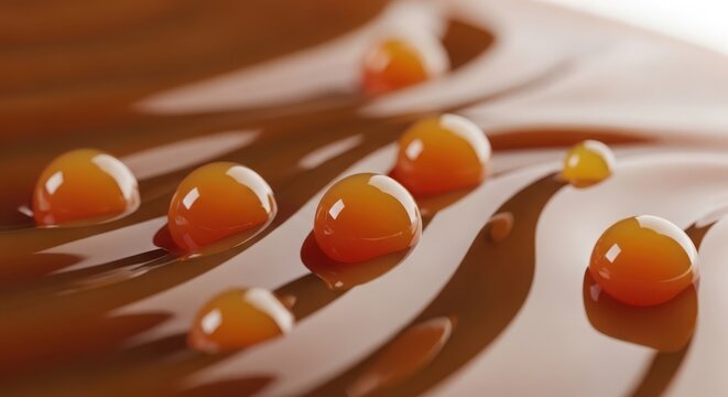 Closeup of golden egg yolks on melted chocolate with smooth texture