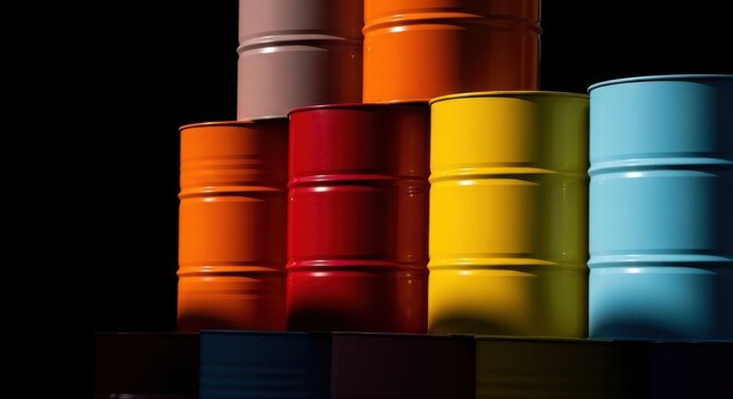 A stack of colorful metal oil drums on a dark background