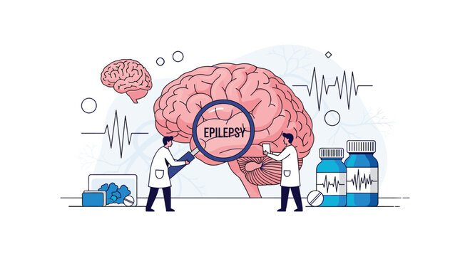 Medical researchers using a magnifying glass to study a human brain for epilepsy diagnosis surrounded by medicine bottles and heart rate graphs.