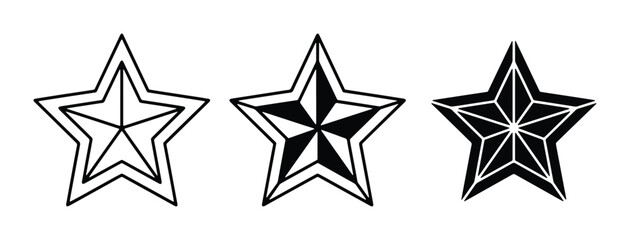 Obraz premium Nautical star vector icons set, black and white compass star symbols, 3 geometric star elements for maritime navigation and military insignia design