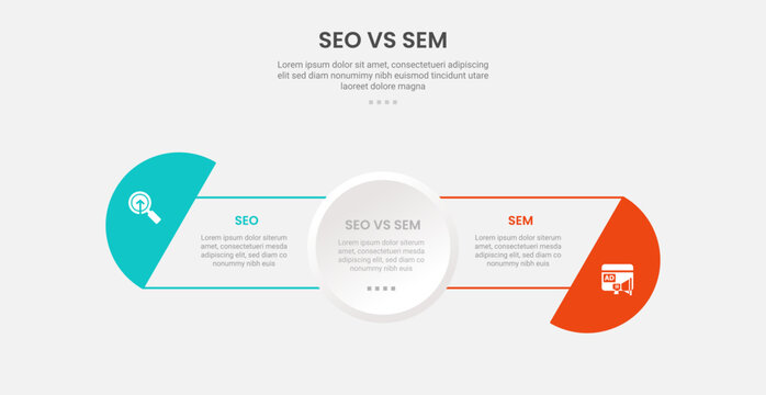 SEO vs SEM infographic outline style with 2 point comparison template with full circle center and half circle at edge for slide presentation