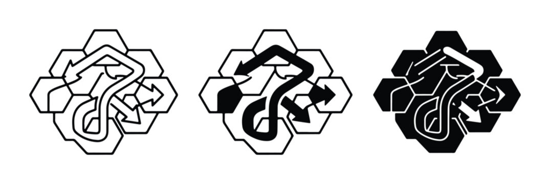 Abstract hexagon arrow icons set, geometric honeycomb flow symbols, black and white vector logistics and process diagrams for business infographics