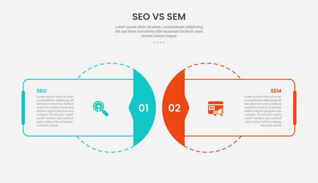 SEO vs SEM infographic outline style with 2 point comparison template with rectangle and circle blend with dotted line for slide presentation