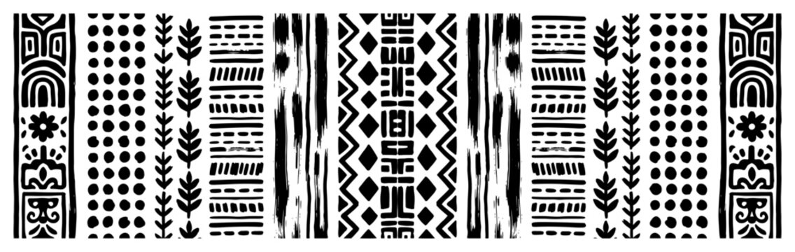 Tribal ethnic border patterns with geometric and botanical motifs in monochrome hand-drawn style