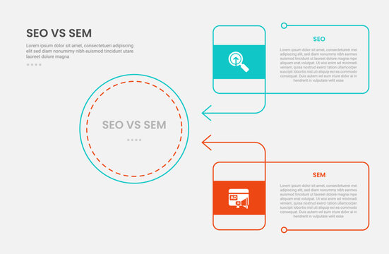 SEO vs SEM infographic outline style with 2 point comparison template with big circle and rectangle box container and arrow edge for slide presentation