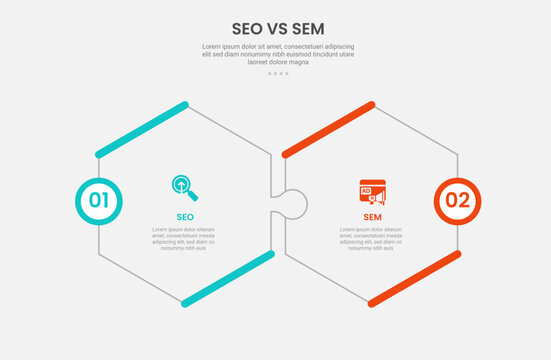 SEO vs SEM infographic outline style with 2 point comparison template with hexagonal shape puzzle jigsaw connection for slide presentation