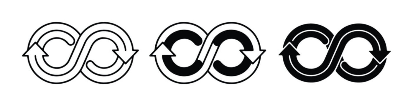 Infinity loop arrow icons set, circular recycle symbol collection, black and white eternal motion vector graphics for sustainability and eco branding