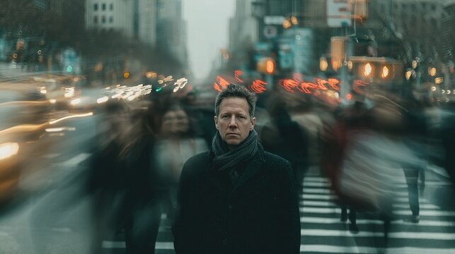 Man standing still in busy city crosswalk with motion blur crowd