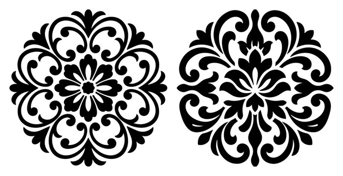 Floral mandala ornaments with symmetrical damask patterns in classic decorative style