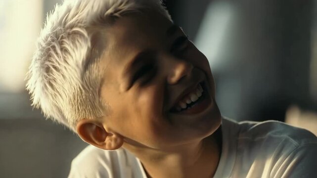 Tracking handheld close up of boy laughing and turning head in indoor living room with warm backlit window light during daytime