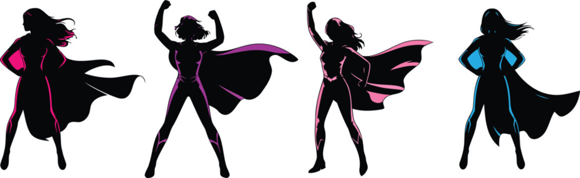 Four female superhero silhouettes in different poses with capes flowing in the wind in black pink and blue colors on white background