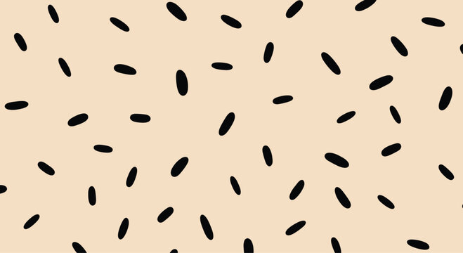 Simple and modern seamless pattern featuring small black oval shapes randomly scattered across a soft peach-colored background.