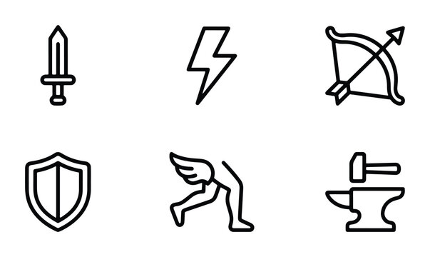 Greek mythology icon set with 6 linear vector elements, ancient god symbols including lightning bolt and winged sandals, fantasy game weapon icons