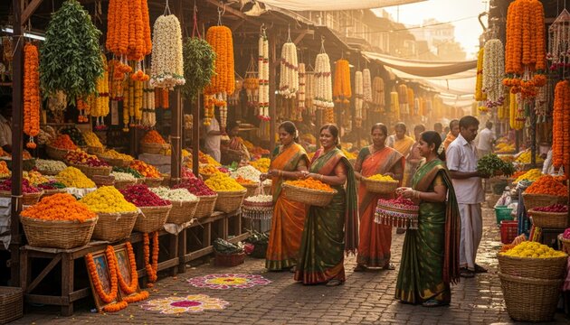 Women in colorful sarees walk through a flower market in India, carrying baskets filled with vibrant blooms during the Mysore Dasara or Mysuru Dasara