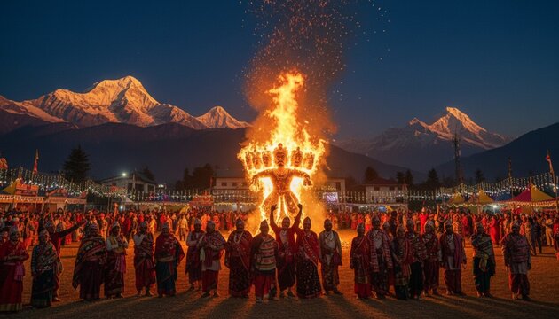 Fire dance marks the celebration of Ravan Dahan performed on Dussehra, also known as Vijayadashami in the mountains at dusk with participants dressed in traditional attire