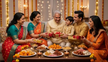Fototapeta premium Family members celebrate a diwali festival together giving gifts and sharing food in a decorated room with lights and sweets