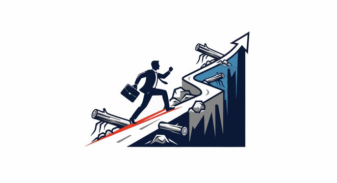 Businessman climbs rough terrain toward arrow representing success